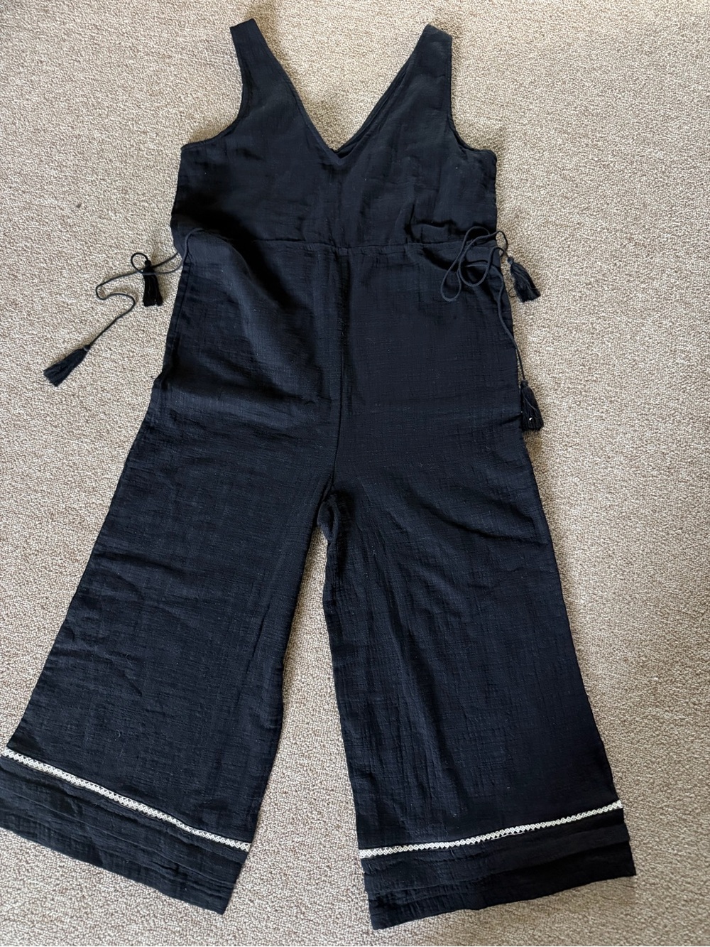 &Merci Black V-Neck Wide Leg Jumpsuit with Tassel Ties, M, double gauze New